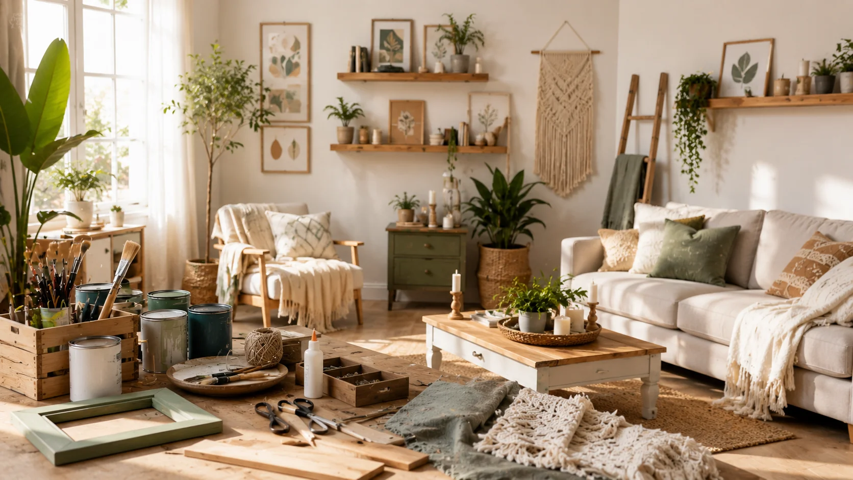 A modern living room featuring handmade wall art, floating shelves, indoor plants, upcycled furniture, and DIY decorating materials, showcasing budget-friendly home décor ideas.