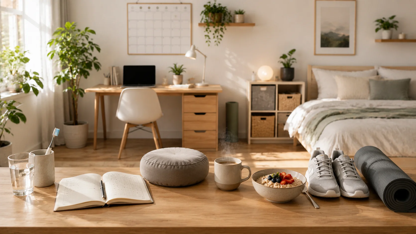 A minimalist morning routine setup with a glass of water, journal, healthy breakfast, coffee, running shoes, and yoga mat illustrating habit stacking for lasting daily routines.