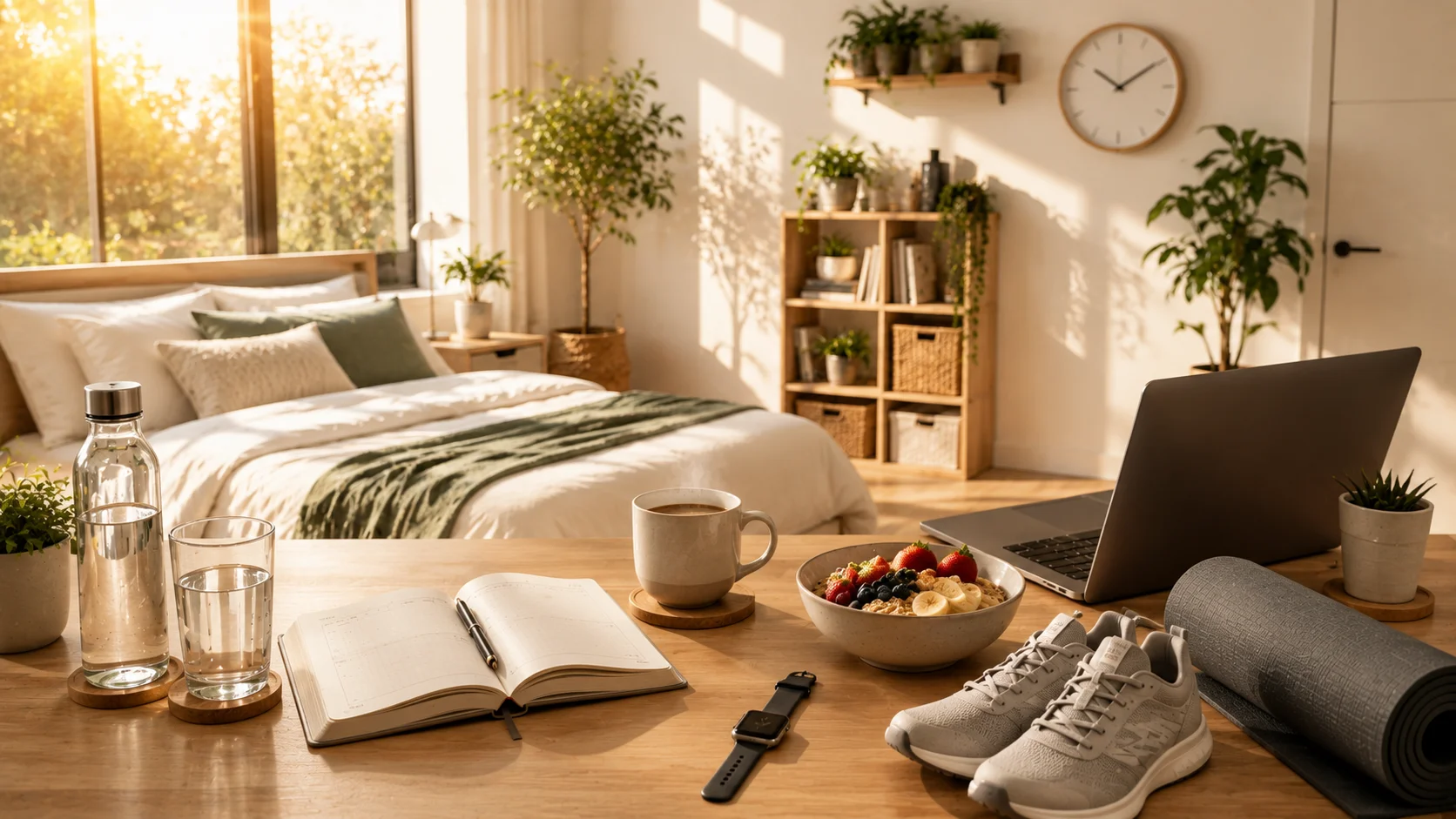 A minimalist morning setup with a healthy breakfast, journal, coffee, yoga mat, running shoes, and organized workspace, illustrating a productive daily routine.
