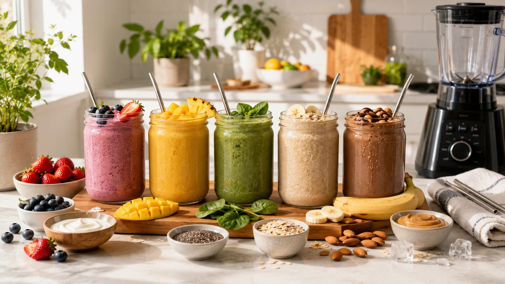 Five colorful healthy smoothies made with fresh fruit, spinach, oats, yogurt, and chia seeds arranged on a modern kitchen countertop with a blender and fresh ingredients.