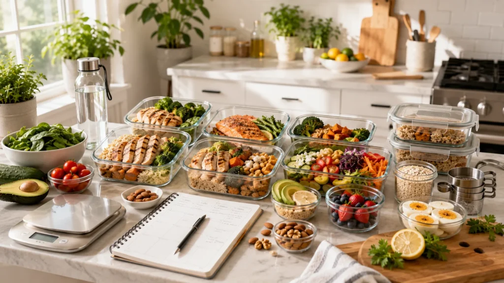Healthy meal prep containers filled with grilled chicken, salmon, vegetables, quinoa, salads, and fresh ingredients arranged in a modern kitchen for weight loss meal planning.