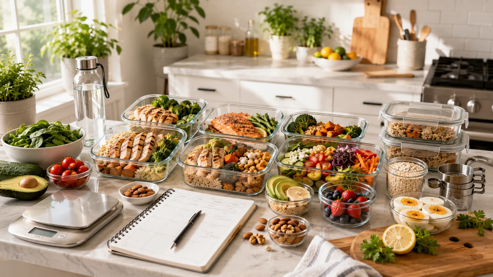 Healthy meal prep containers filled with grilled chicken, salmon, vegetables, quinoa, salads, and fresh ingredients arranged in a modern kitchen for weight loss meal planning.