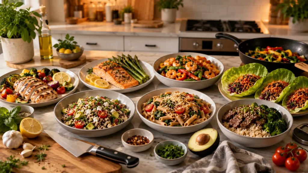 A variety of healthy dinners including grilled chicken, baked salmon, quinoa salad, stir-fry, whole wheat pasta, and roasted vegetables served in a modern kitchen.