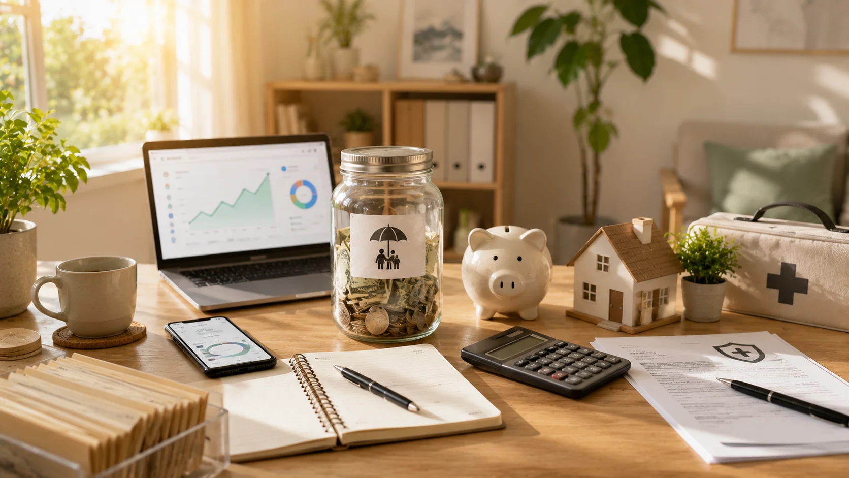 A modern budgeting workspace with a savings jar, calculator, budget planner, laptop, smartphone, and financial planning tools representing the process of building an emergency fund.