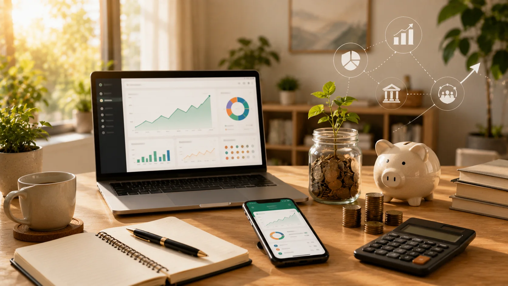 A modern investing workspace with a laptop displaying investment charts, a smartphone, calculator, savings jar, coins, and budgeting tools representing beginner investing and long-term wealth building.