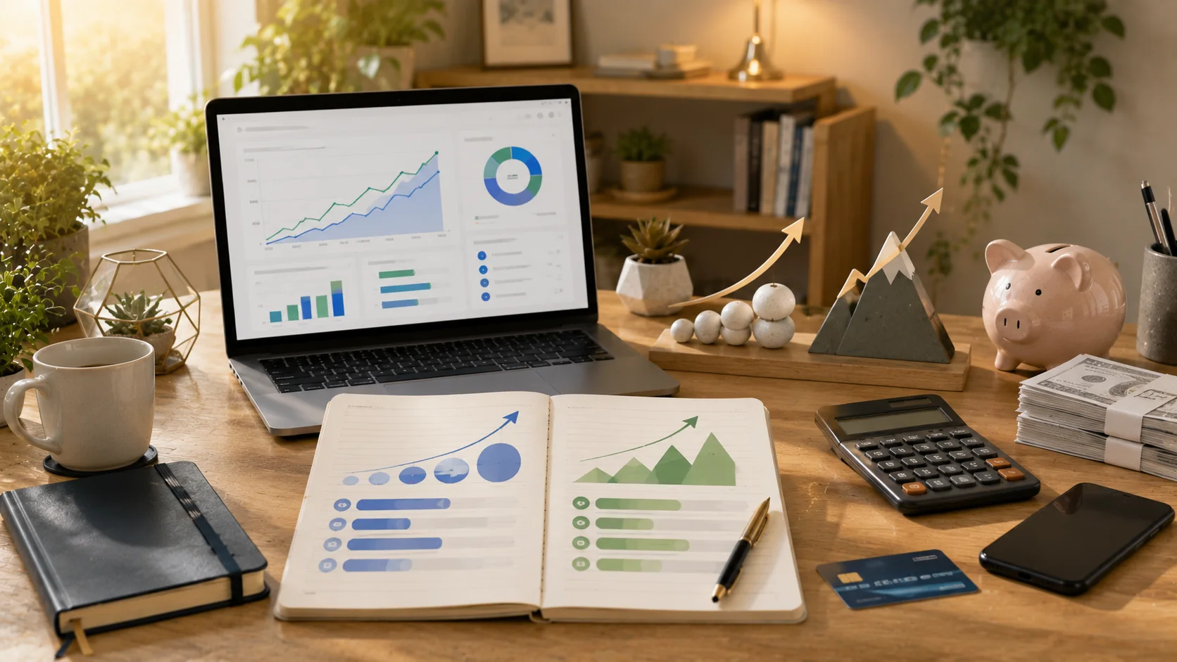A modern budgeting workspace with a laptop, calculator, budgeting planner, bills, and comparison charts illustrating the Debt Snowball and Debt Avalanche repayment methods.