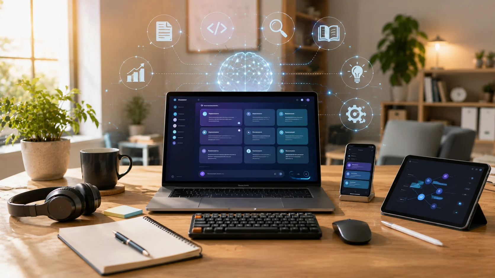 A modern workspace with a laptop displaying a generic AI chat interface alongside a notebook, tablet, smartphone, and productivity tools, representing practical AI usage for work and learning.