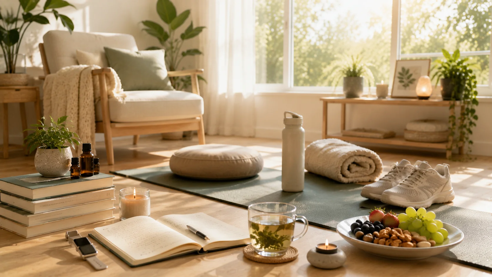 A peaceful wellness space with a meditation cushion, journal, herbal tea, yoga mat, indoor plants, healthy snacks, and natural sunlight representing daily mental health and self-care habits.