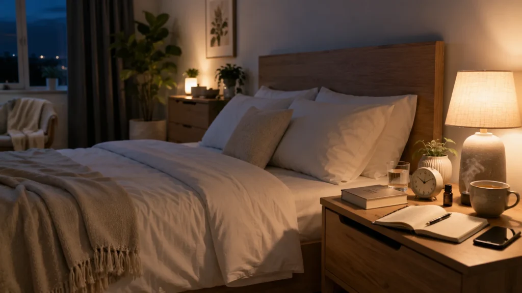A peaceful modern bedroom with a neatly made bed, dim bedside lamp, herbal tea, sleep journal, book, and blackout curtains promoting healthy sleep hygiene.