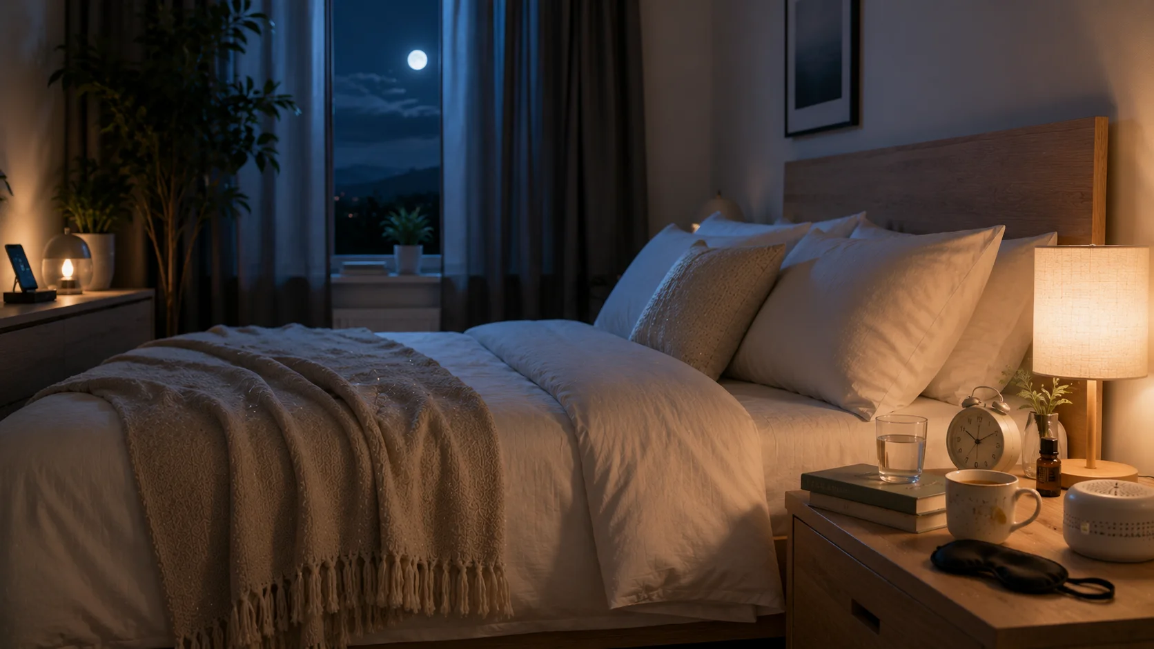 A peaceful bedroom with blackout curtains, a neatly made bed, herbal tea, lavender oil, a sleep mask, and a smartphone placed away from the bed to promote better REM sleep naturally.