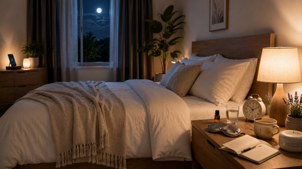 A peaceful modern bedroom with blackout curtains, a neatly made bed, chamomile tea, lavender oil, sleep mask, white noise machine, and a phone placed away from the bed to support better sleep quality.