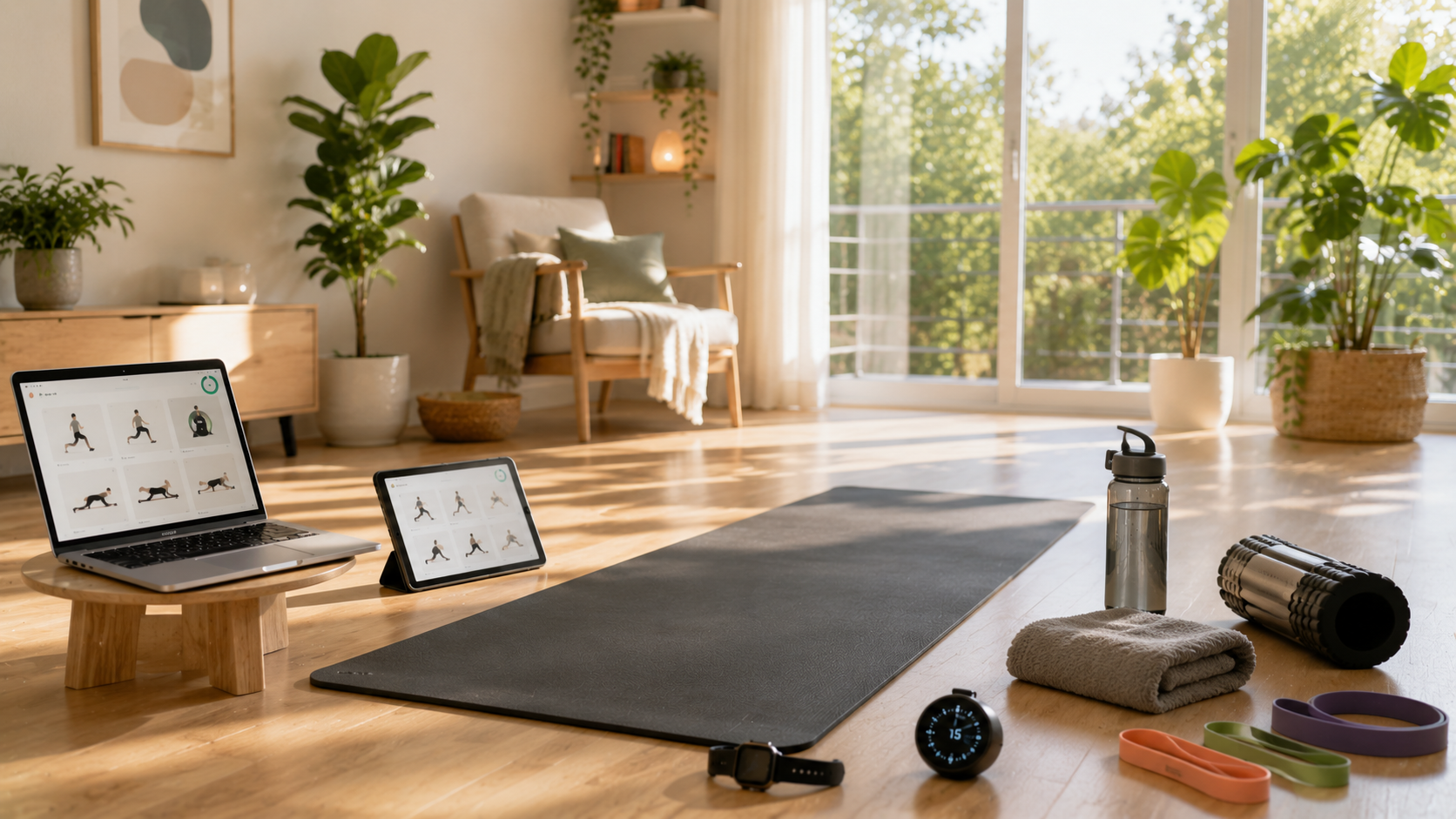 A modern home workout space with a yoga mat, resistance bands, towel, water bottle, foam roller, and digital workout devices arranged for a beginner-friendly bodyweight routine.