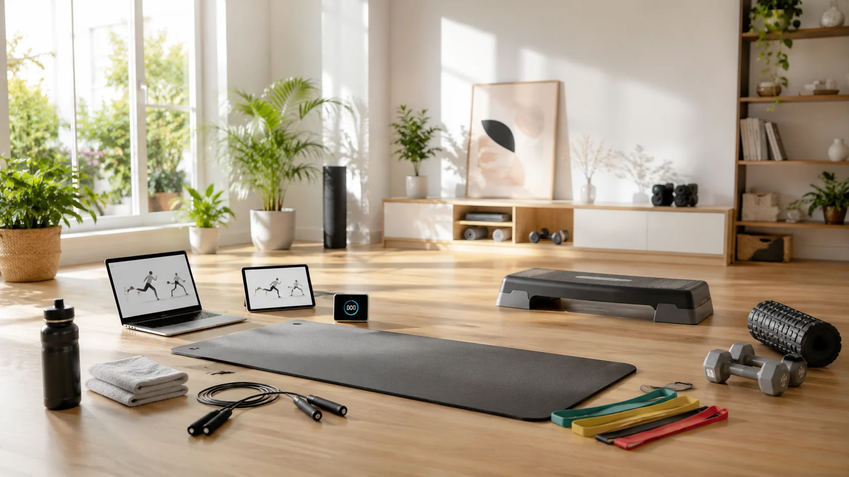 A modern home workout space with a yoga mat, jump rope, resistance bands, light dumbbells, water bottle, and workout timer arranged for a beginner-friendly cardio routine.