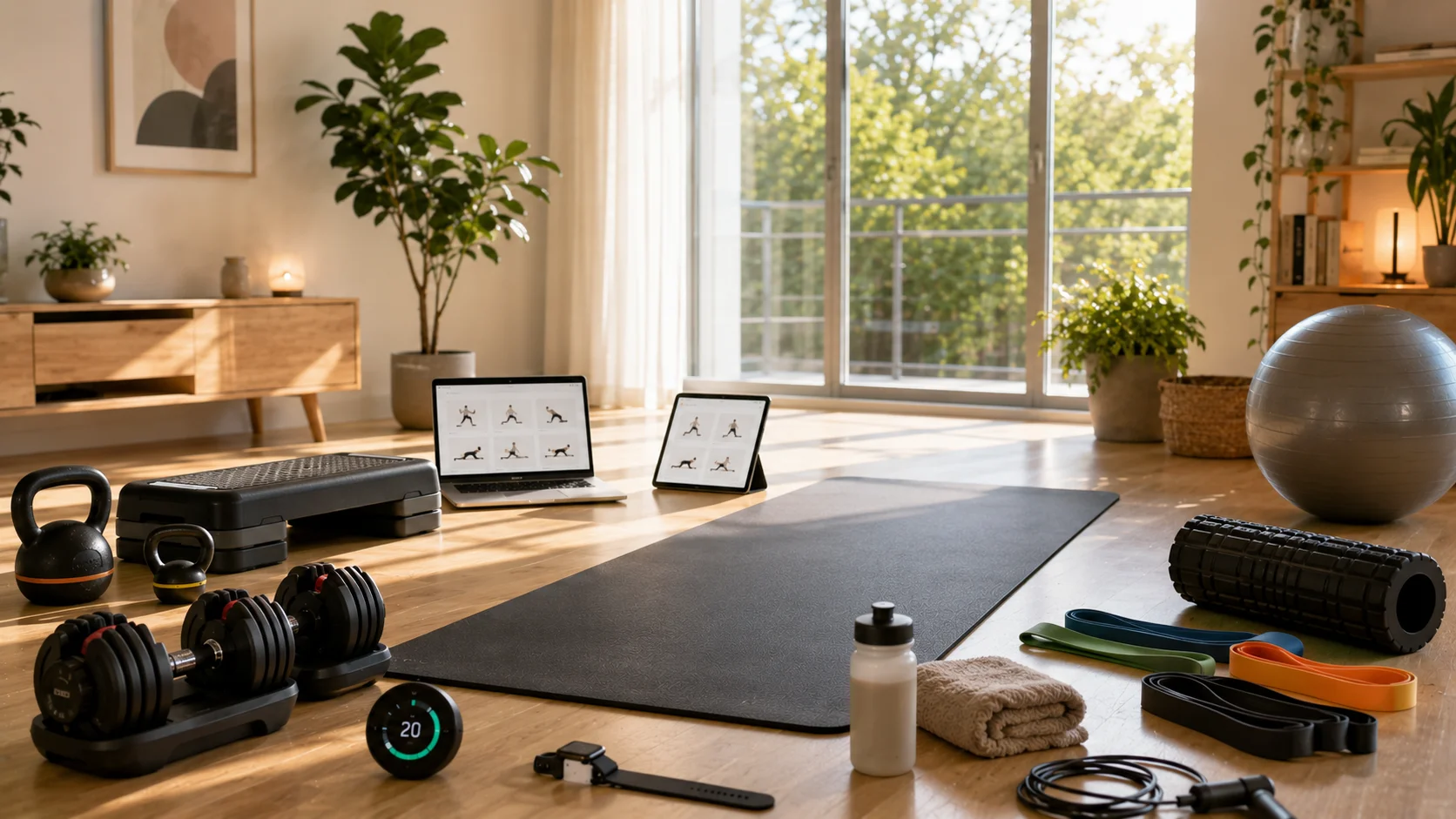 A modern home workout area with a yoga mat, adjustable dumbbells, resistance bands, kettlebells, stability ball, jump rope, and digital workout devices arranged for a beginner-friendly 20-minute exercise routine.