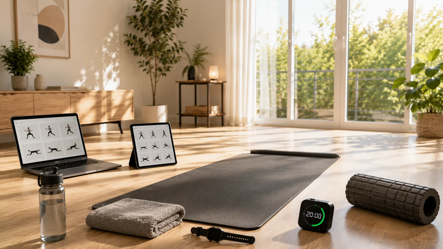 A modern home workout space with a yoga mat, water bottle, foam roller, interval timer, and digital workout devices illustrating beginner-friendly bodyweight exercises without equipment.