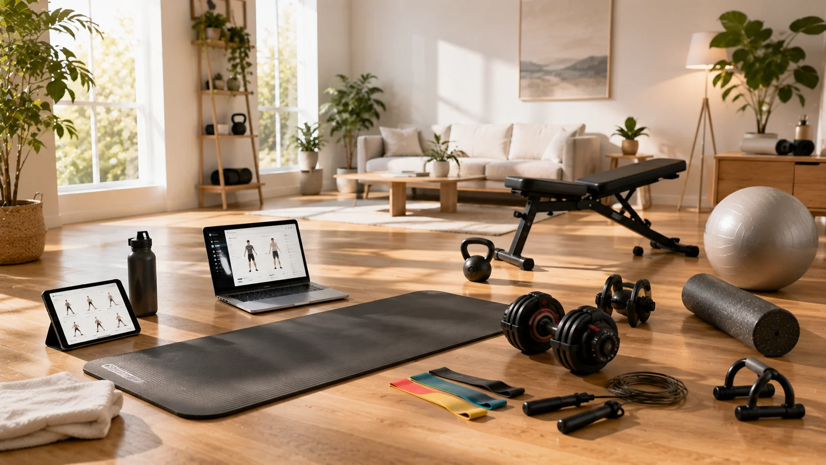 A bright home workout space with a yoga mat, dumbbells, resistance bands, kettlebells, laptop, and fitness accessories arranged in a modern minimalist living room.