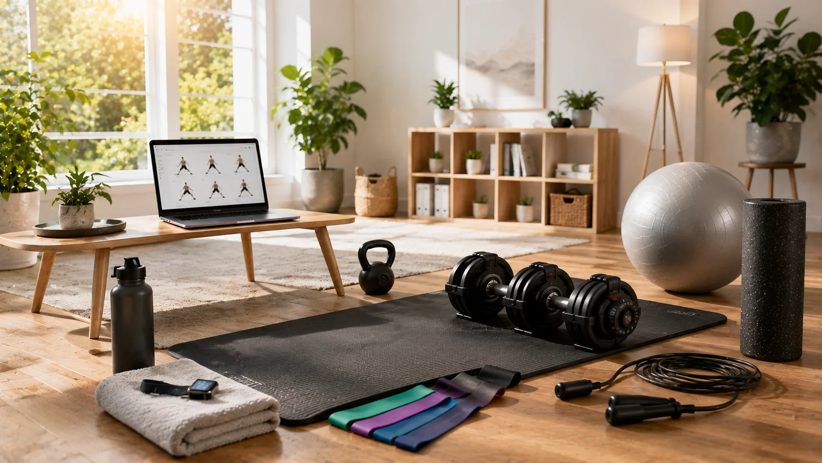 A modern home workout space with a yoga mat, dumbbells, resistance bands, kettlebells, and a laptop displaying a generic exercise program for beginners.