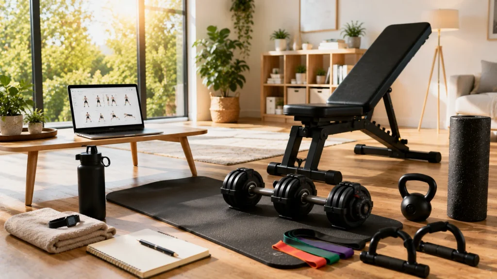 A modern home workout space with dumbbells, resistance bands, kettlebells, a yoga mat, and a laptop displaying a generic strength training routine for beginners.