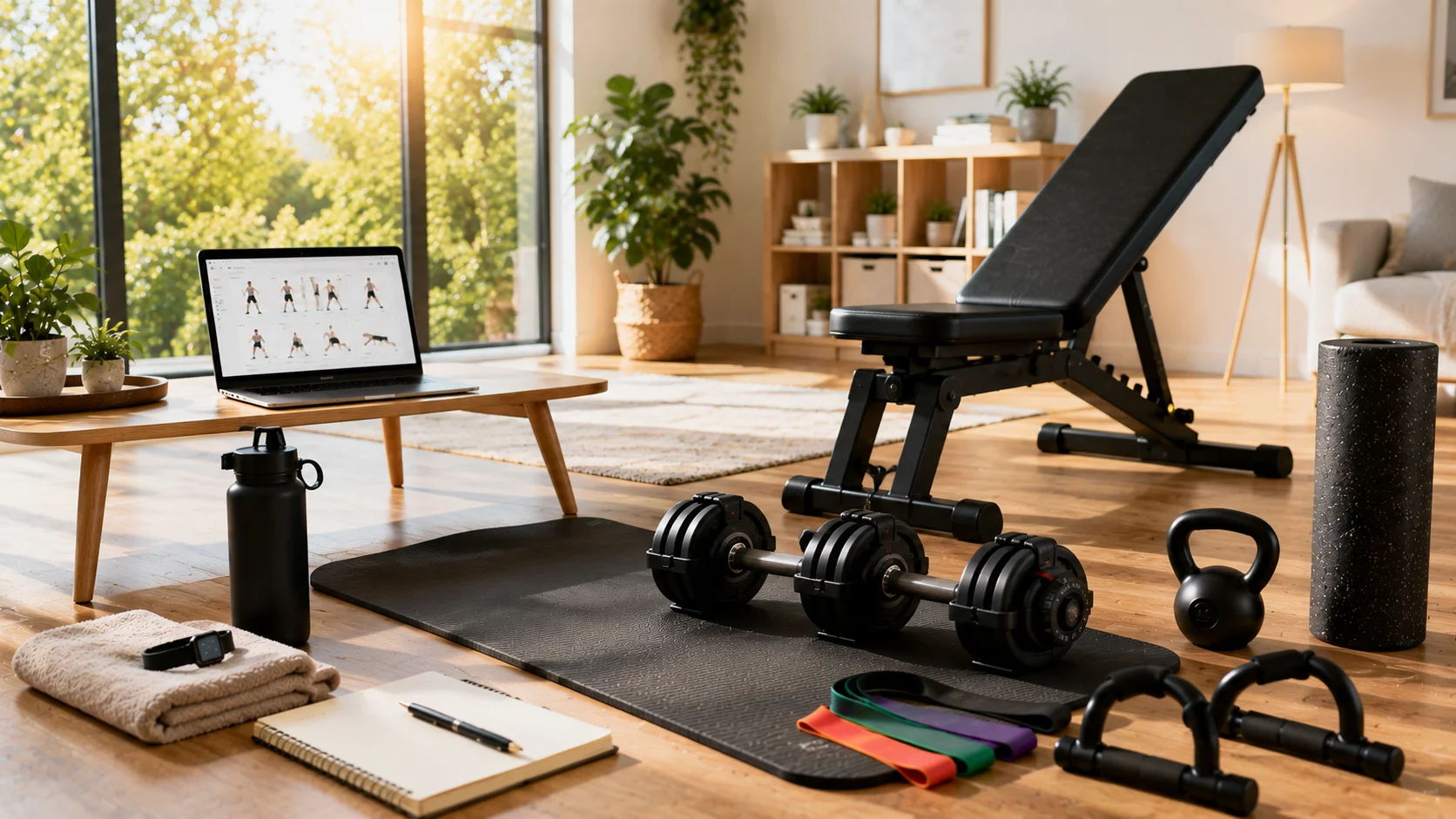 A modern home workout space with dumbbells, resistance bands, kettlebells, a yoga mat, and a laptop displaying a generic strength training routine for beginners.