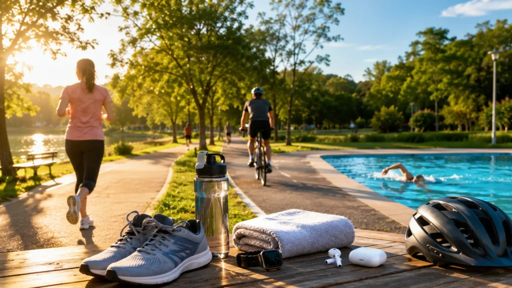 A scenic outdoor setting featuring people walking, cycling, jogging, and swimming with fitness accessories, representing beginner-friendly cardio exercises for improving health and endurance.