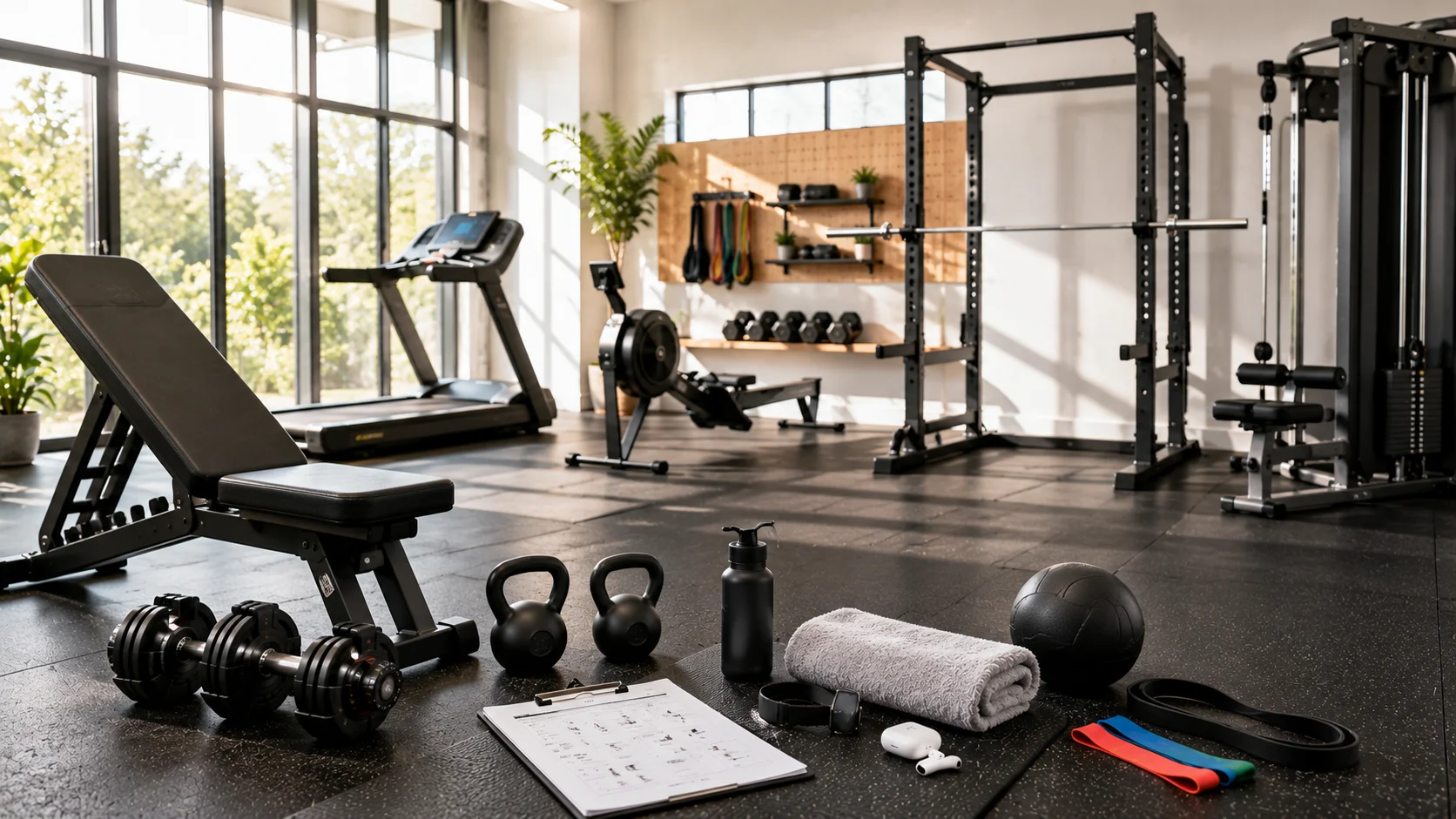 A clean modern gym with dumbbells, a workout bench, resistance bands, cable machine, treadmill, and beginner-friendly fitness equipment arranged for a full-body workout.