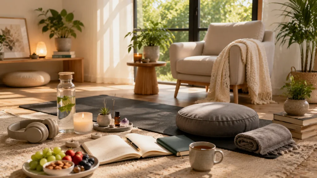 A peaceful self-care space with a meditation cushion, journal, herbal tea, candles, yoga mat, wellness books, and indoor plants in a bright, modern room promoting mental well-being.
