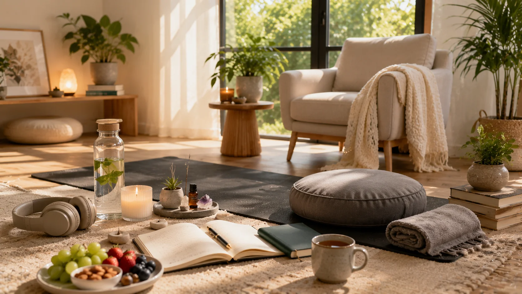 A peaceful self-care space with a meditation cushion, journal, herbal tea, candles, yoga mat, wellness books, and indoor plants in a bright, modern room promoting mental well-being.