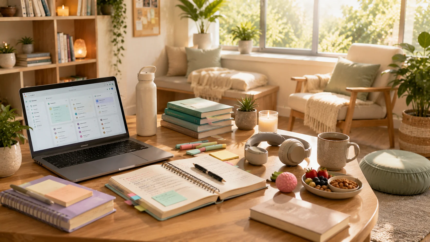 A peaceful student study area with a laptop, notebooks, planner, herbal tea, healthy snacks, indoor plants, and mindfulness items promoting mental well-being during academic life.