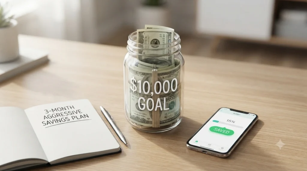 A clean, minimalist workspace featuring a glass jar filled with dollar bills labeled "$10,000 GOAL," an open notebook titled "3-MONTH AGGRESSIVE SAVINGS PLAN," and a smartphone displaying a budget tracking app showing 15% saved.