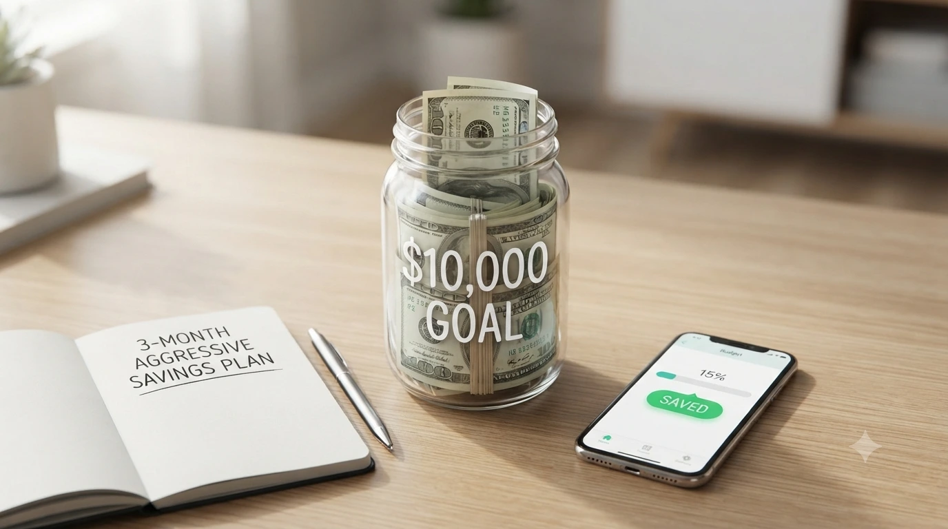 A clean, minimalist workspace featuring a glass jar filled with dollar bills labeled "$10,000 GOAL," an open notebook titled "3-MONTH AGGRESSIVE SAVINGS PLAN," and a smartphone displaying a budget tracking app showing 15% saved.