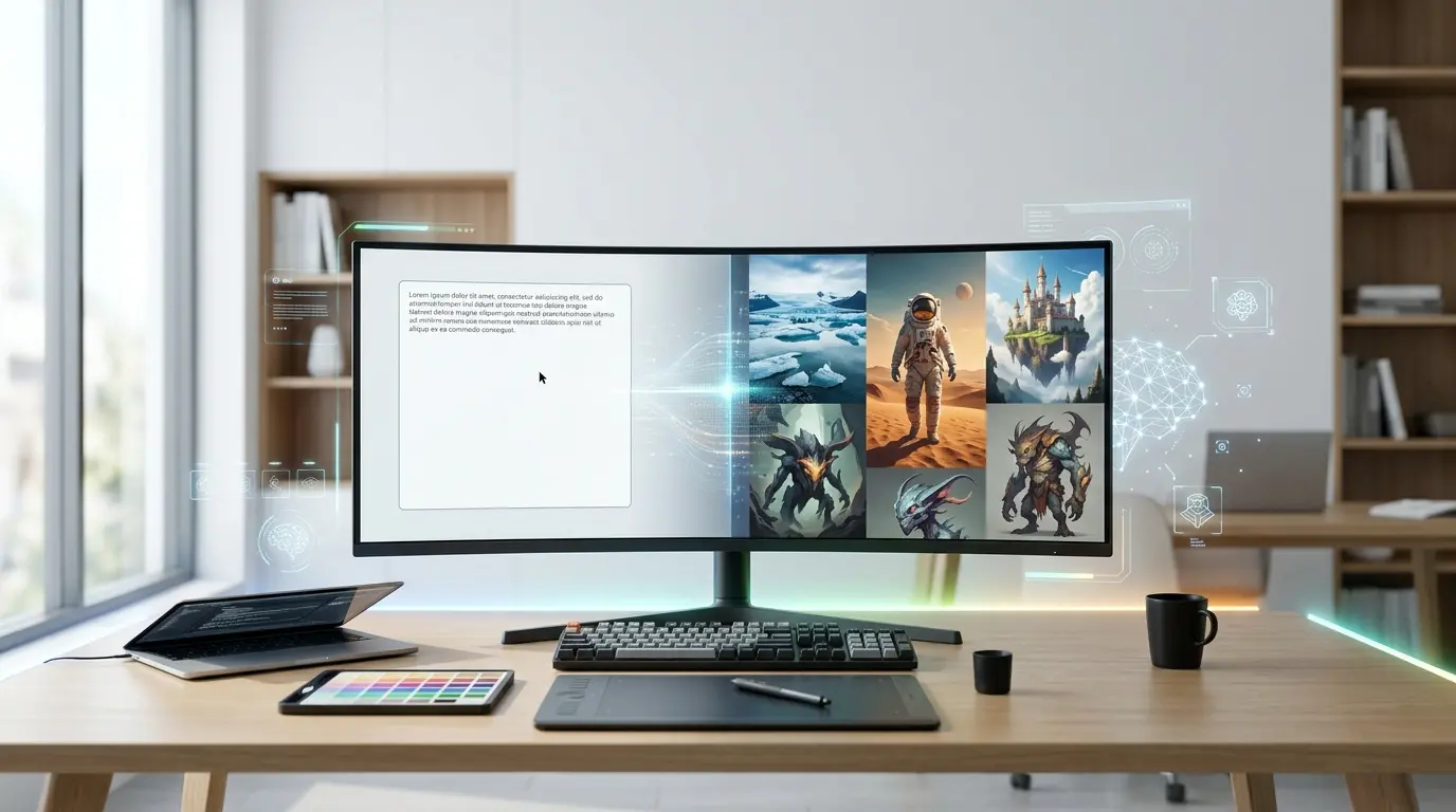 A modern creative workspace with a computer displaying AI-generated artwork, digital illustrations, and realistic images, representing a comparison of the best AI image generators in 2026.