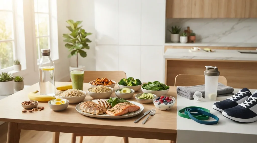 A healthy post-workout meal featuring grilled chicken, salmon, quinoa, vegetables, Greek yogurt, fruit, and a protein smoothie arranged in a modern kitchen for optimal recovery.
