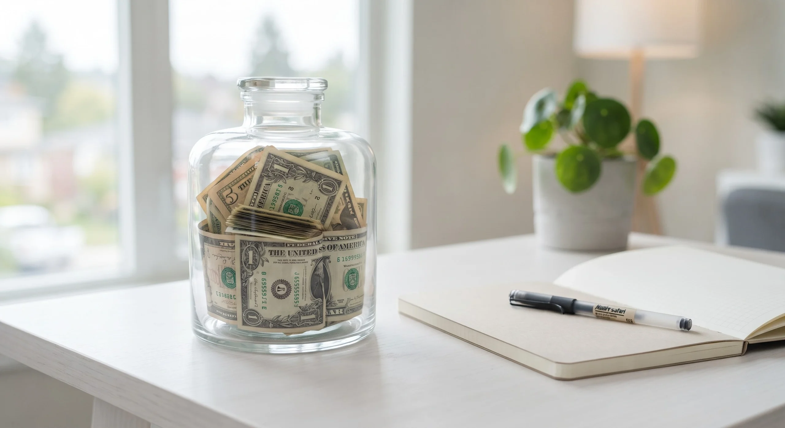 A close-up photograph of a transparent glass jar filled with rolled-up US dollar bills, primarily $1 and $5 notes, sitting on a clean white wooden desk. To the right of the jar is an open beige notebook with blank, lined pages and a black gel pen resting diagonally on it. In the blurred background, there is a potted Pilea plant and a large window, providing natural daylight.