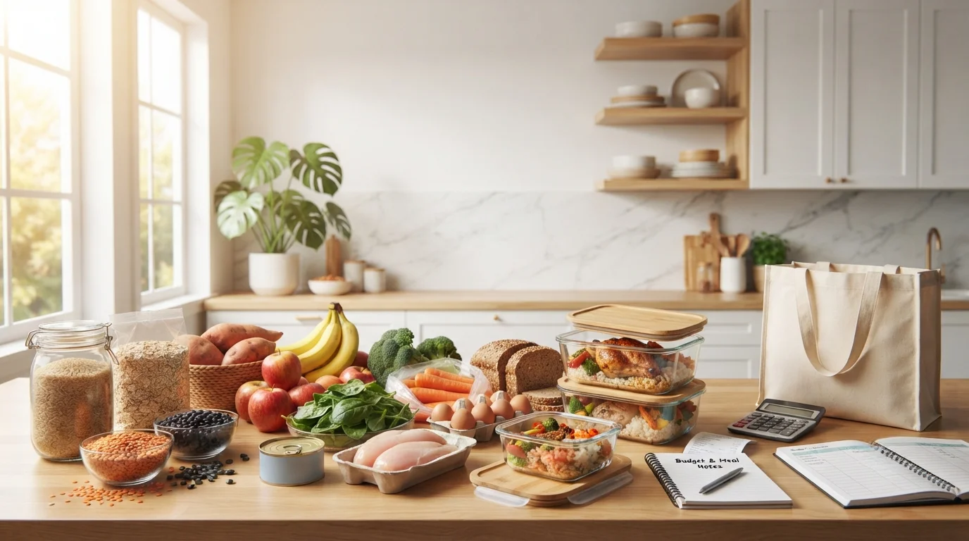 A modern kitchen with budget-friendly healthy foods, meal prep containers, fresh vegetables, whole grains, lean protein, and a grocery budget planner promoting affordable healthy eating.
