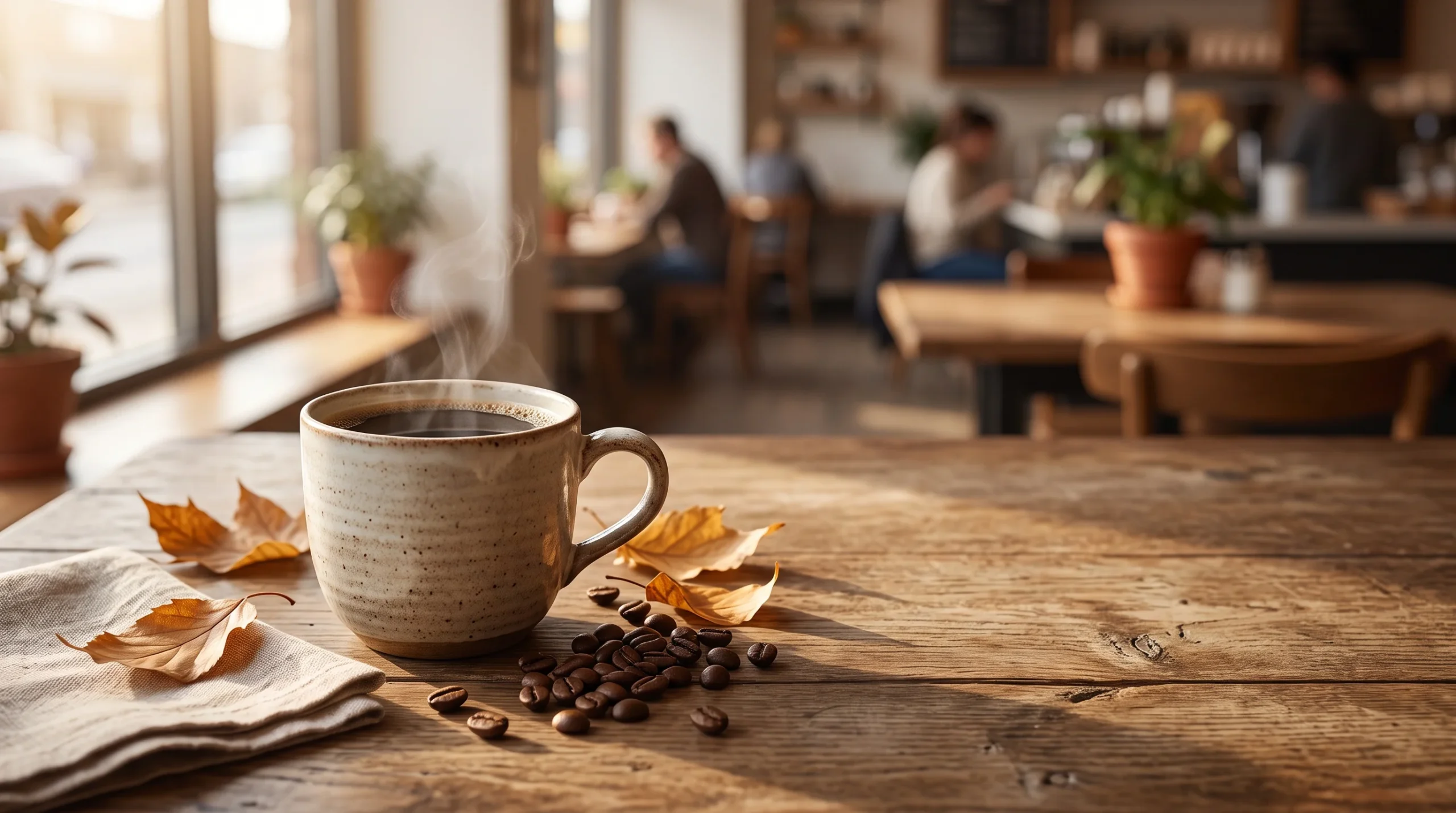 A steaming mug of coffee on a wooden café table with roasted coffee beans and autumn leaves