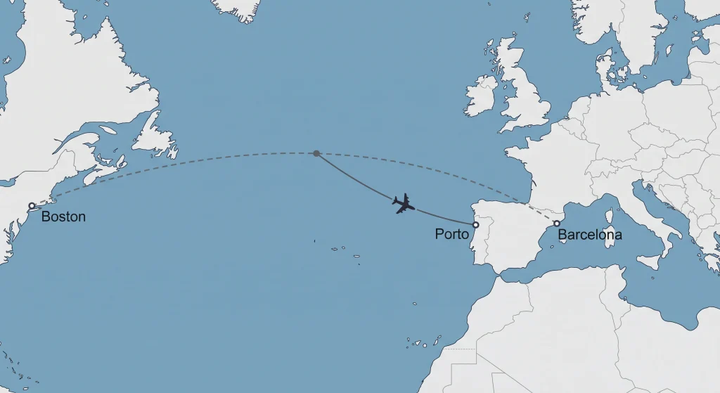 Map showing Delta flight 251's planned route from Barcelona to Boston and its diversion to Porto, Portugal