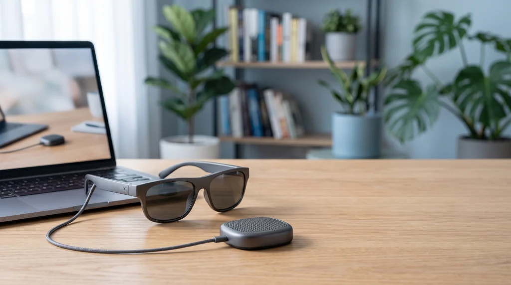 Lightweight VR glasses connected to a pocket-sized compute puck on a desk beside a laptop