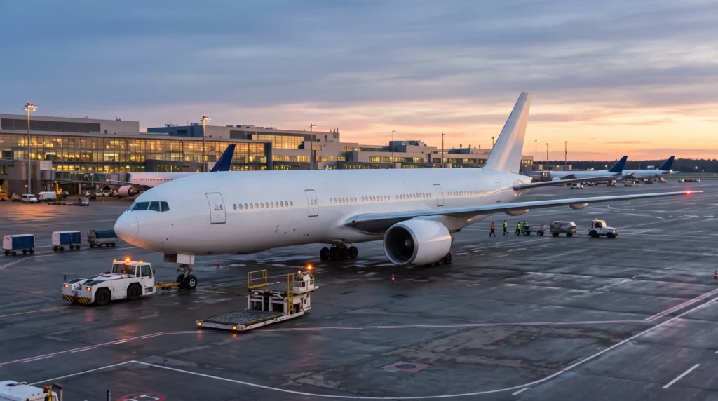 A widebody passenger jet parked on an airport apron at dusk