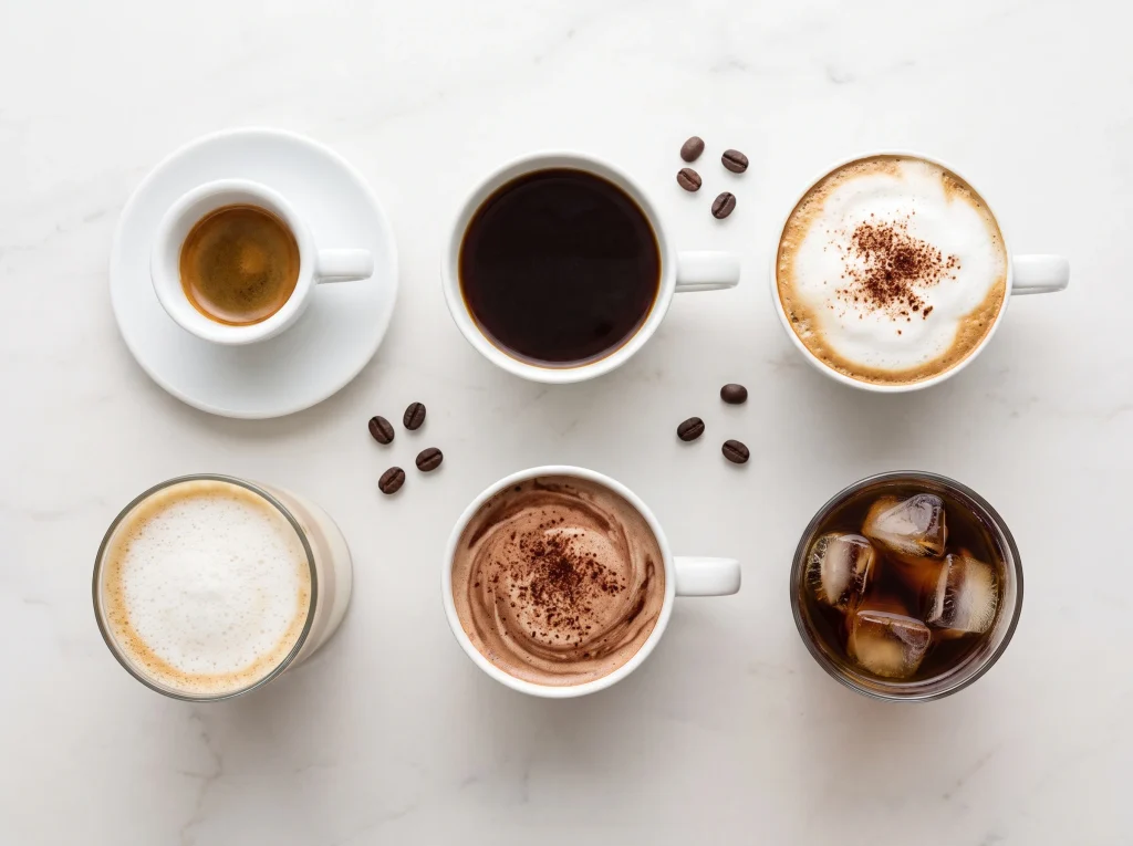 Six popular coffee drinks side by side, including espresso, americano, cappuccino, latte, mocha and cold brew