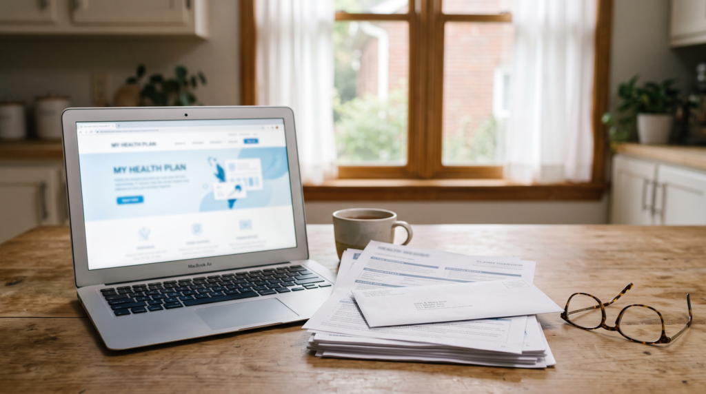 Health insurance paperwork and a laptop on a kitchen table