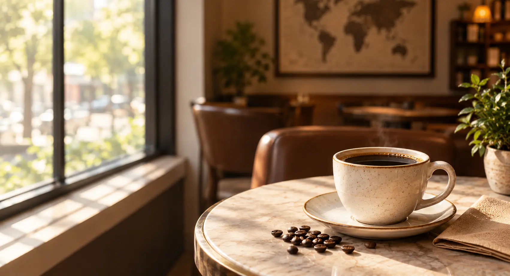 Cup of coffee on a café table on International Coffee Day