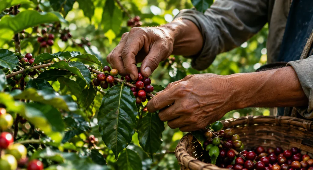 Farmer's hands picking ripe coffee cherries