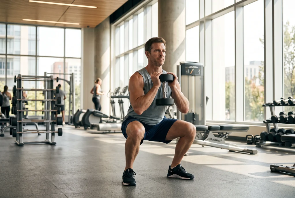 Adult doing a goblet squat with a dumbbell to preserve muscle during healthy weight loss
