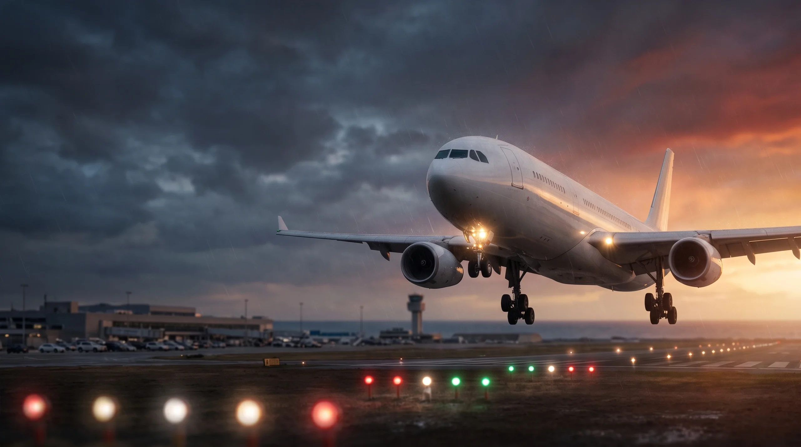 Passenger jet landing at an airport at dusk with storm clouds behind it