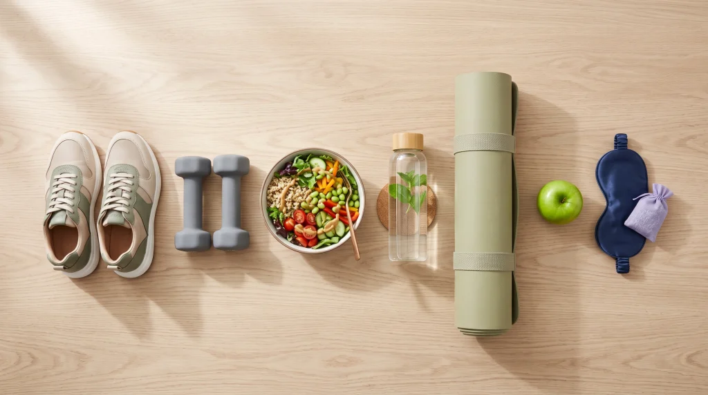 Flat lay of walking shoes, dumbbells, healthy food, water and a sleep mask representing a weekly healthy weight loss routine