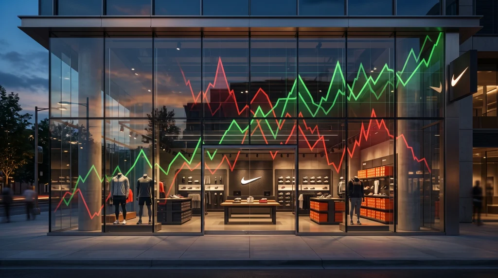Nike store with financial market chart reflections showing stock performance