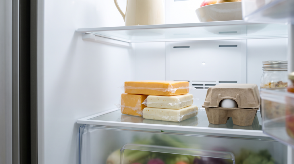 Blocks of cheese on a shelf inside a home refrigerator