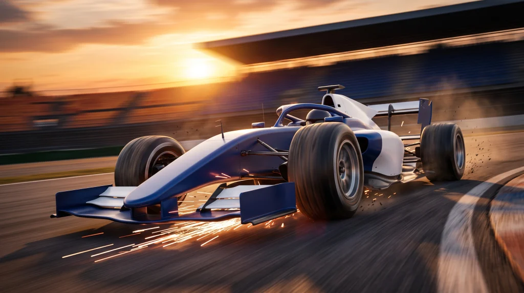 Open-wheel race car speeding around a track at sunset