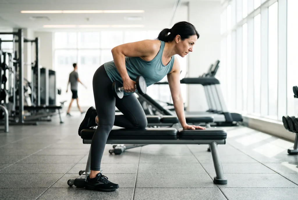 Beginner doing a supported dumbbell row as part of a full-body strength workout for weight loss