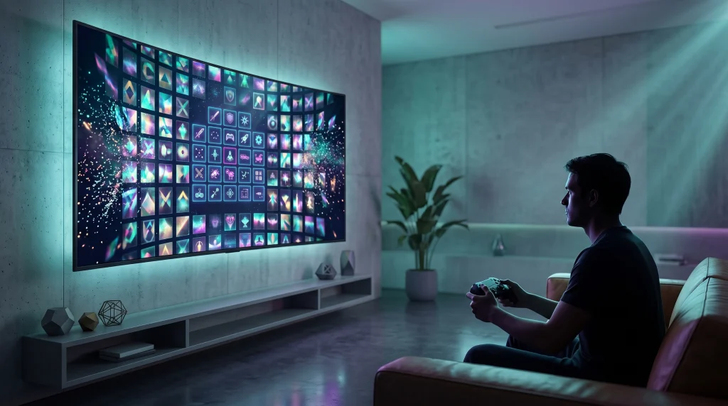 Gamer facing a large wall of digital game tiles representing the PS Plus Game Catalog